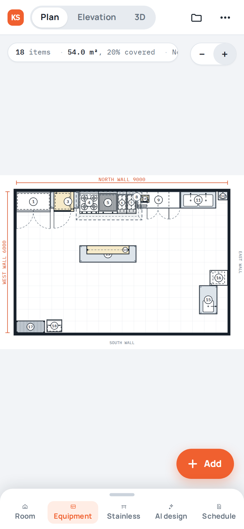 Kitchen Studio plan view on a phone: a 9 by 6 metre kitchen with a cooking line, pass and dish area
